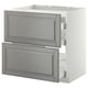 Nowoczesna szara szafka kuchenna z dwiema szufladami, biała podstawa, czyste linie, tradycyjny design.