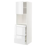 Biała błyszcząca szafka kuchenna z wieloma szufladami i półkami.