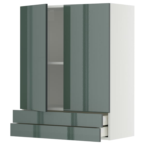 Nowoczesna szaro-zielona szafka kuchenna z błyszczącym wykończeniem i dwiema otwartymi szufladami.