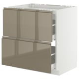 Nowoczesna zabudowa kuchenna: biała podstawa METOD z 2 gładkimi ciemnoszaro-brązowymi szufladami, eleganckie uchwyty, solidna i elegancka.