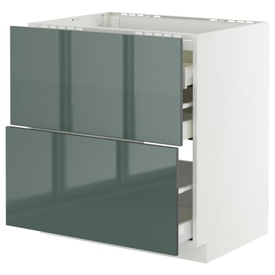 Nowoczesna szafka kuchenna, białe, szaro-zielone szuflady na wysoki połysk, prostokątny, elegancki design.