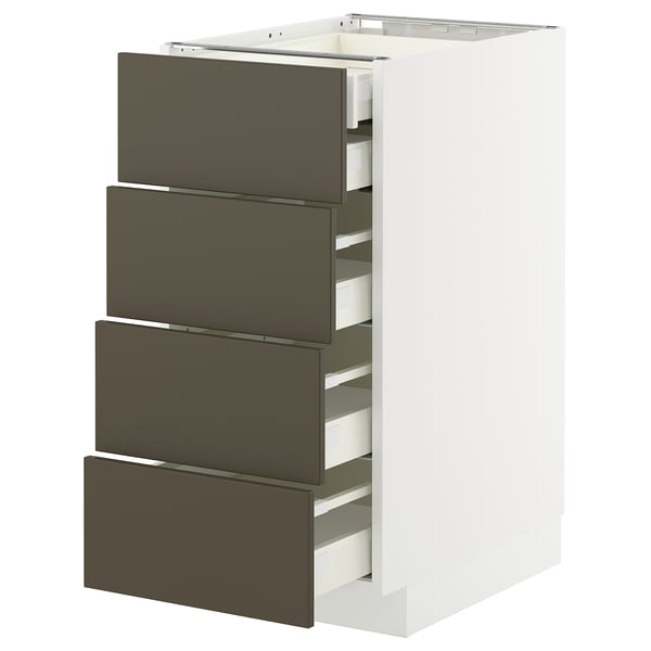 Szafka kuchenna Ikea METOD z 4 brązowymi szufladami i białą podstawą.