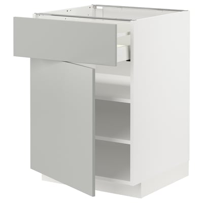 Biała szafka kuchenna METOD z szarą szufladą i półką, czysty, nowoczesny design.