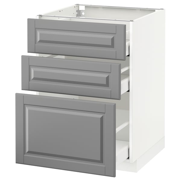 Nowoczesna biała szafka z 3 miękkimi szarymi szufladami, elegancki design, samodomykająca się.