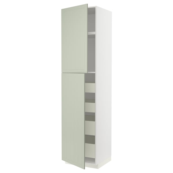 Biała szafka METOD, zielone akcenty, wiele półek, szuflady.