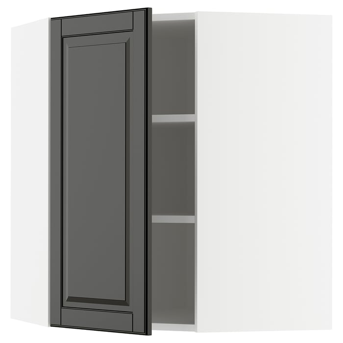 METOD Кутова настінна шафка з полицями, білий/Bodbyn чорний, 68x80 см