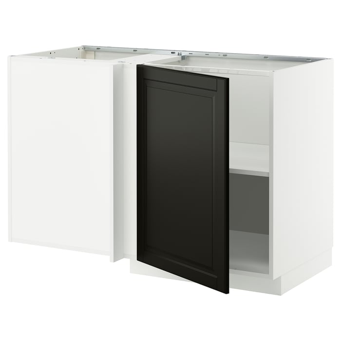 METOD Кутова підлогова шафка з полицею, білий/Bodbyn чорний, 128x68 см