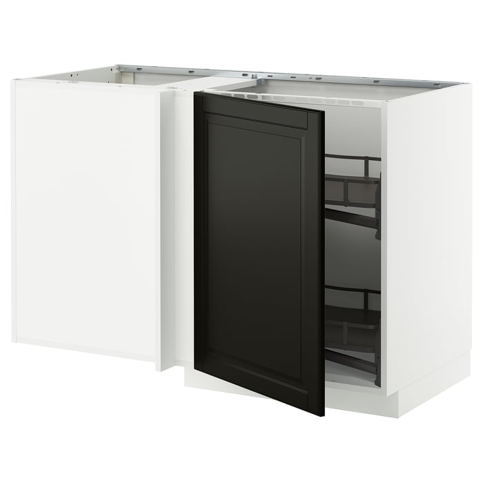 METOD Кутова підлогова шафка з висувною полицею, білий/Bodbyn чорний, 128x68 см