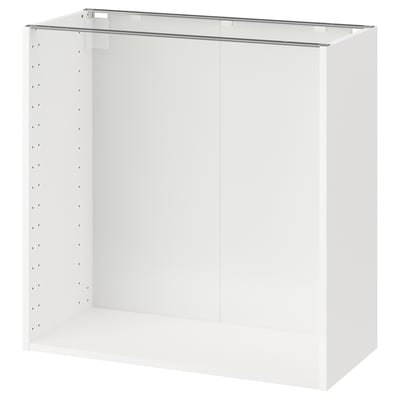 Biała szafka kuchenna METOD z błyszczącym wykończeniem, wywierconymi otworami na regulowane półki, nowoczesny minimalistyczny design.