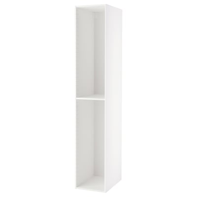 Biała, wysoka szafka kuchenna z jedną półką od ikea. Szafka jest prostokątna o nowoczesnym designie.