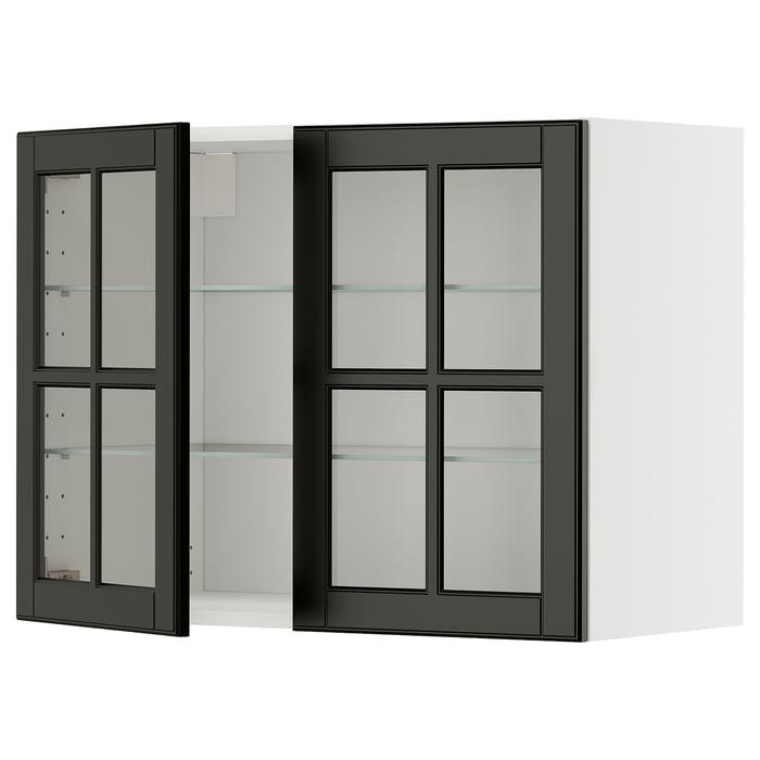 METOD Настінна шафка полиці/2 скляних дверцят, білий/Bodbyn чорний, 80x60 см