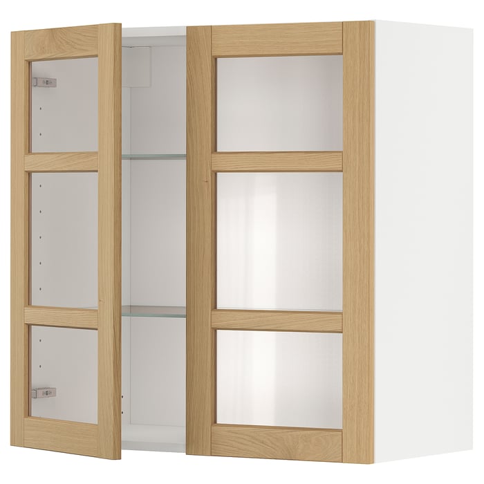 METOD Настінна шафка полиці/2 скляних дверцят, білий/Forsbacka дуб, 80x80 см