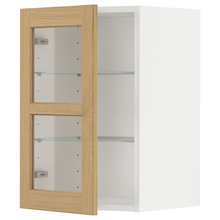 METOD Настінна шафка полиці/скляні дверцята, білий/Forsbacka дуб, 40x60 см