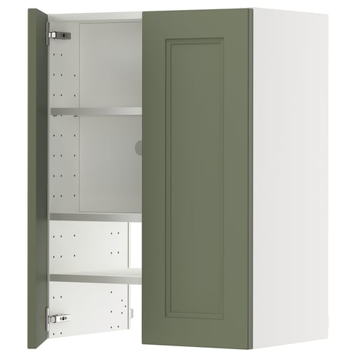 Zielona szafka kuchenna z jednymi otwartymi drzwiczkami, z regulowanymi półkami. Nowoczesny, ponadczasowy design.