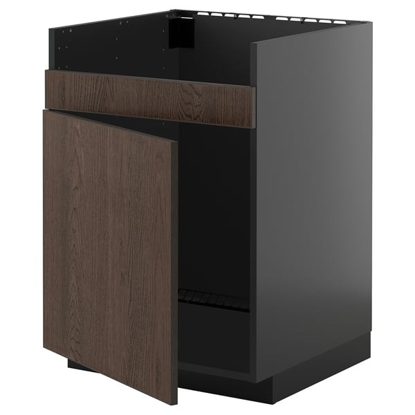 Zabudowa kuchenna METOD z ciemnobrązowymi drzwiami z drewna sinarp. Prostokątny, nowoczesny design z elegancką czarną ramą i otwartą górą.