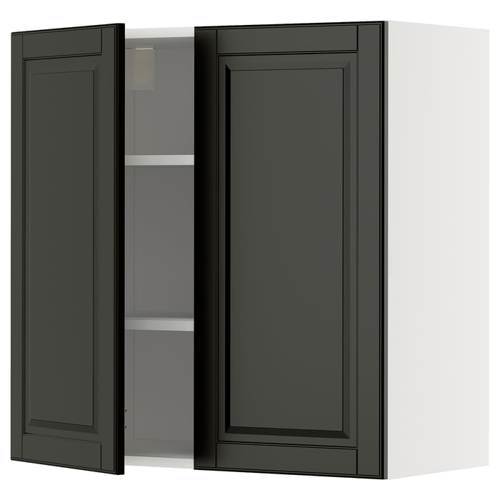 METOD Настінна шафка з полицями/2 дверцят, білий/Bodbyn чорний, 80x80 см