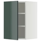 Zielonkawo-szara szafka kuchenna METOD z wykończeniem na wysoki połysk, białą ramą i dwiema regulowanymi półkami.