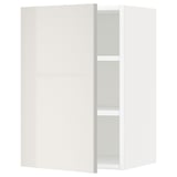 Biała nowoczesna szafka, błyszczące wykończenie, prostokątny kształt, pojedyncze drzwi otwierają półki.