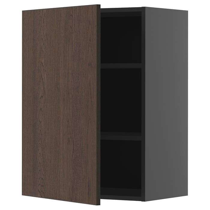 METOD Настінна шафка з полицями, чорно-сірий/Sinarp коричневий, 60x80 см