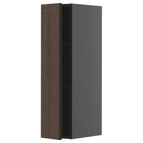 Nowoczesna wysoka szafka, ciemnobrązowa i szara, drewniana faktura, elegancki design.