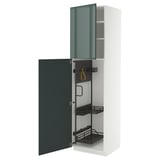 Szafka kuchenna marki METOD z drzwiczkami w kolorze szaro-zielonym kallarp o wysokim połysku, wyposażona w wysuwane organizery i metalową ramę.