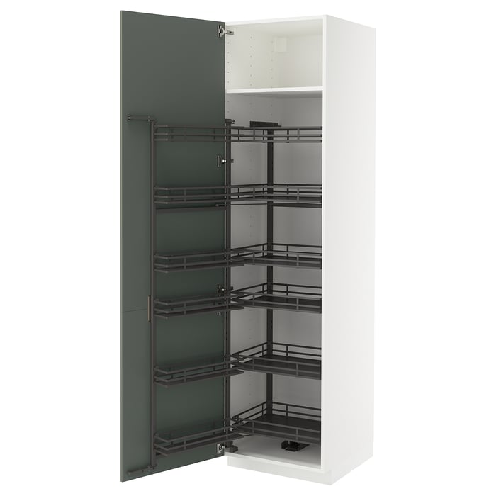 METOD Висока шафка з висувною коморою, білий/Nickebo матовий сіро-зелений, 60x60x220 см