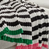 Miękka, pasiasta narzuta szenilowa z zielonymi, czarnymi, białymi i różowymi paskami, starannie złożona.