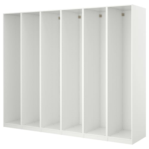 Biała rama szafy ikea PAX z modułowymi schowkami.