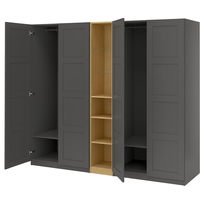 PAX / BERGSBO Комбінація шафи, темно-сірий темно-сірий/іміт. дуба, 235x60x201 см
