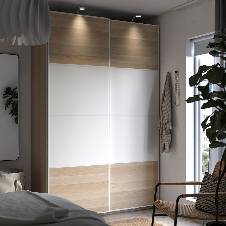 PAX/MEHAMN  riidekapp, 150x66x236 cm, valge kaks külge/valge hele peitsitud tamme imitatsioon  riidepuu, valge