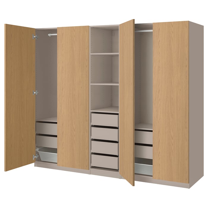 PAX / STORKLINTA Комбінація шаф, сіро-бежевий/імітація дуба, 250x58x201 см