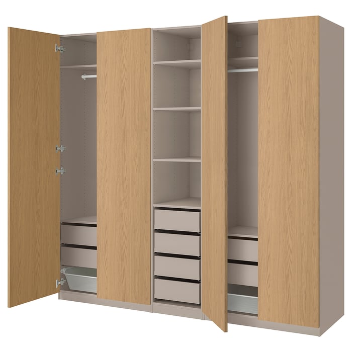 PAX / STORKLINTA Комбінація шаф, сіро-бежевий/імітація дуба, 250x58x236 см