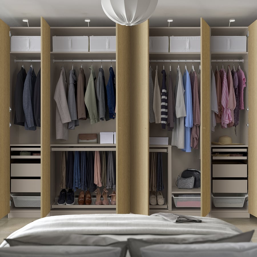 PAX / STORKLINTA skapju kombinācija, smilšpelēka/ozolkoka imitācija, 300x60x236 cm