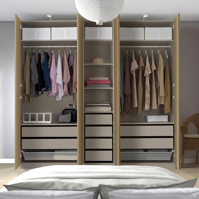 PAX / STORKLINTA Комбінація шаф, сіро-бежевий/імітація дуба, 250x58x236 см, фото 3