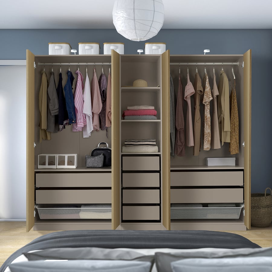PAX / STORKLINTA skapju kombinācija, smilšpelēka/ozolkoka imitācija, 250x58x201 cm