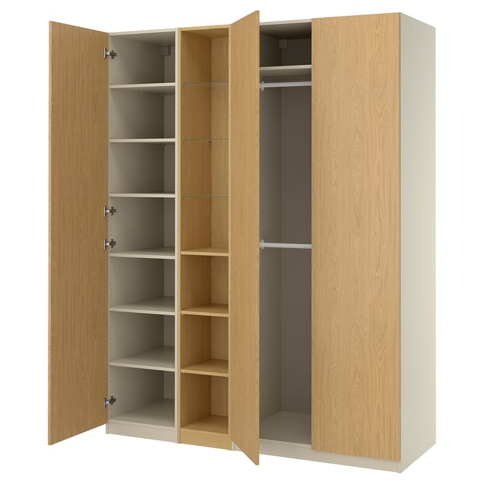 PAX / STORKLINTA Комбінація шаф, сіро-бежевий/імітація дуба, 185x58x236 см