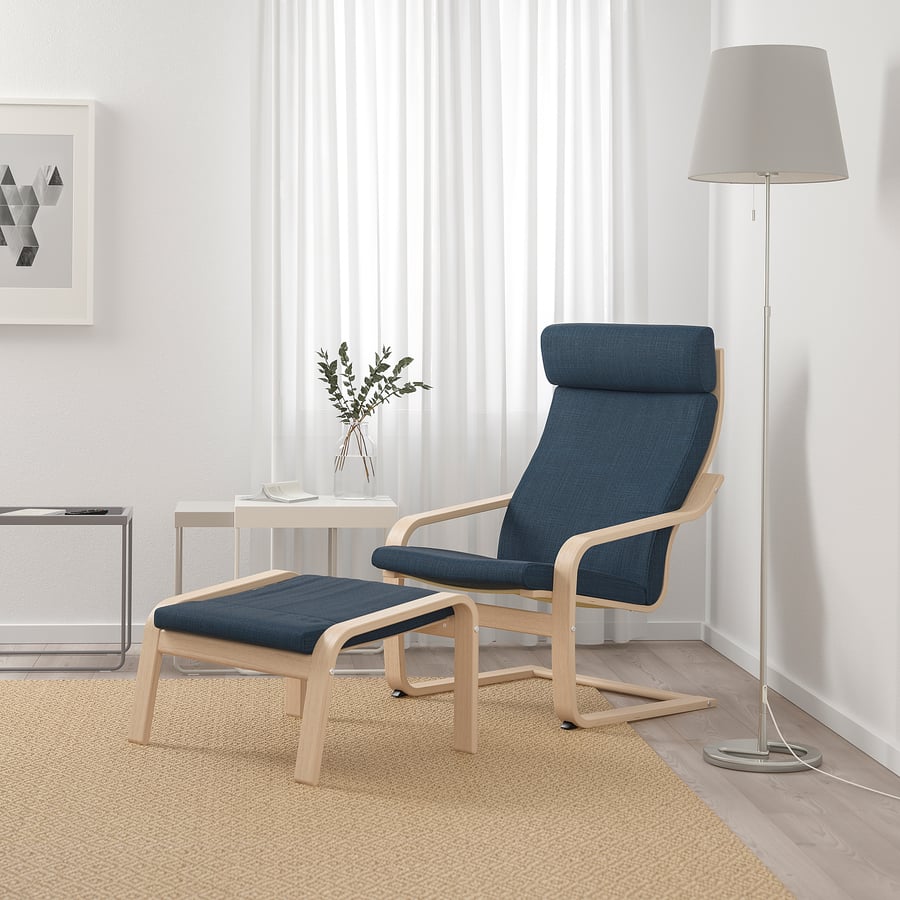 POÄNG atpūtas krēsls, 68x82x100 cm, balti beicēts ozolkoka finieris/Hillared tumši zilā krāsā