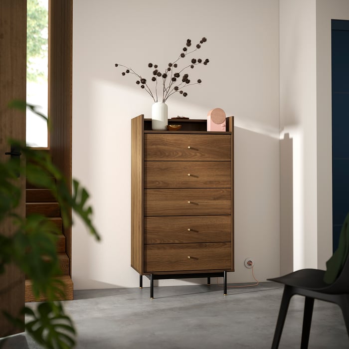 RÅDMANSÖ Комод, 5 шухляд, коричневий горіх, 70x48x132 см, фото 4