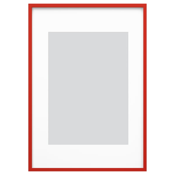 Biały wyświetlacz zdjęć w czerwonej ramce z szarą ramką wewnętrzną.