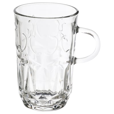 Szklany kubek SÄLLSKAPLIG, przezroczysty, klasyczny kształt, teksturowany design, solidny uchwyt.
