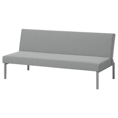 Szara rozkładana sofa SALSTAD. Jest kompaktowy, nowoczesny i można go przekształcić w łóżko. Jego konstrukcja jest prosta z eleganckimi metalowymi nogami i jasnoszarą tapicerką.