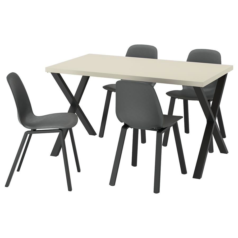 SKÅLSTA galds un 4 krēsli, gaiši pelēks-bēšs, vienkrāsains X forma, melni pelēks/plastmasa, melns profilēts metāls/melns-pelēks, 140x80 cm