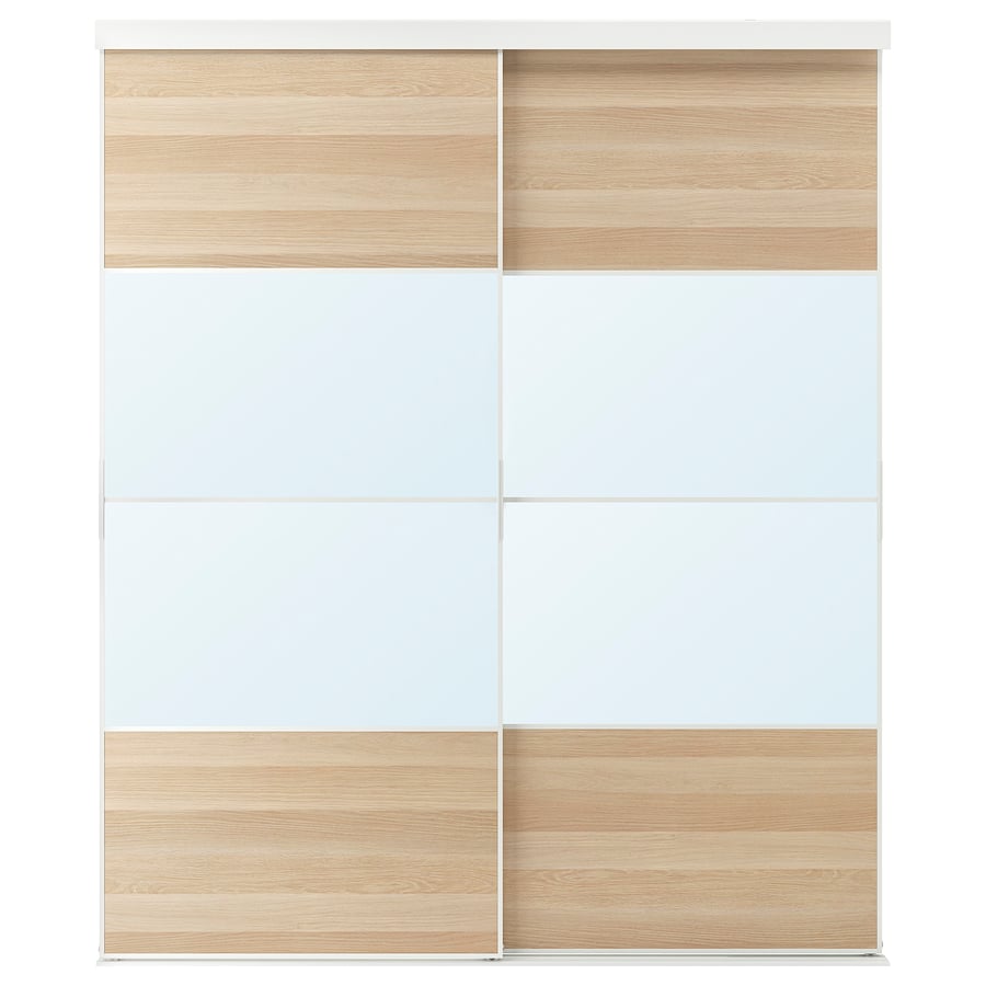 SKYTTA / MEHAMN/AULI bīdāmo durvju kombinācija, baltā krāsā/balti beicēta ozolkoka imitācija spoguļstikls, 202x240 cm