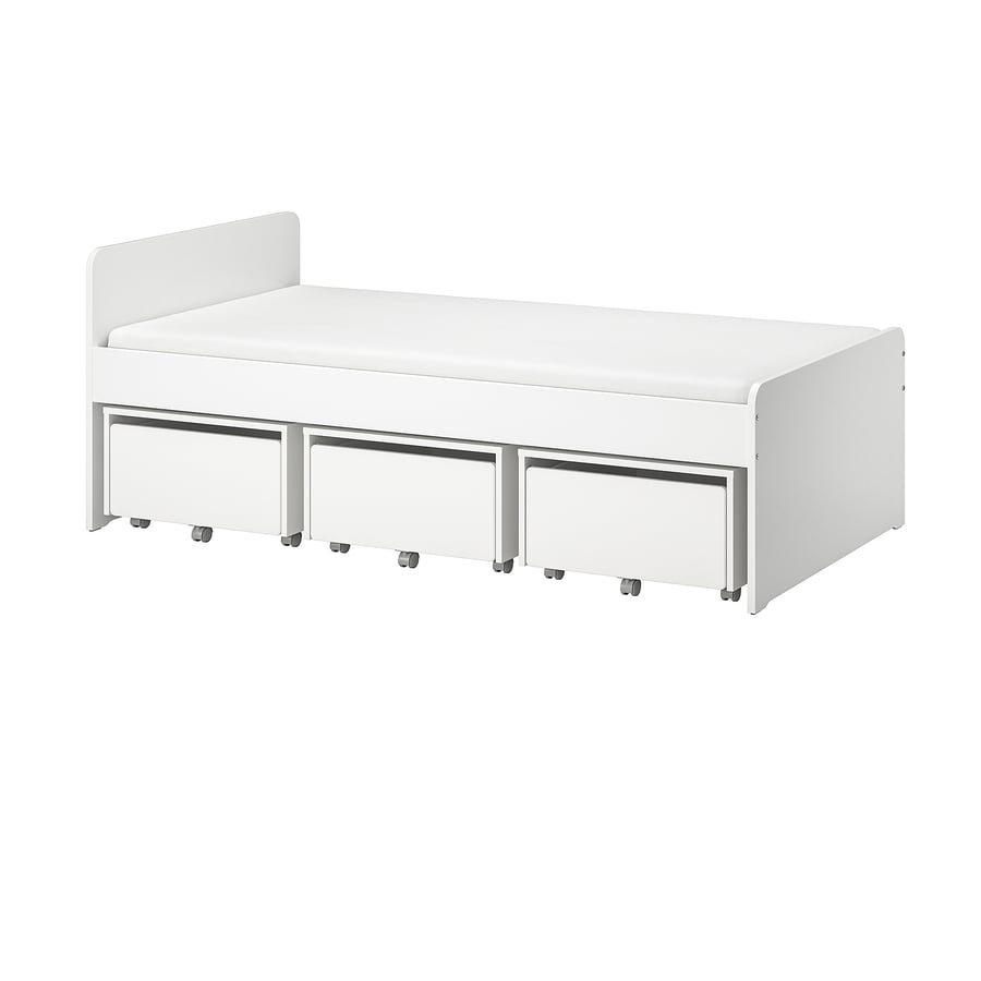 SLÄKT  gultas rāmis ar 3 kastēm, 90x200 cm, baltā krāsā   