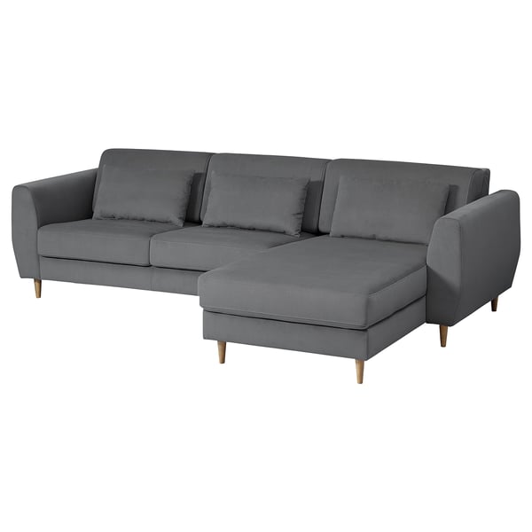 Nowoczesna szara sofa SLATORP w kształcie litery L, nogi z ciemnego drewna, tapicerowany, przytulny design.