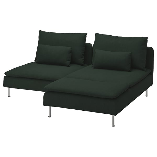 Ciemnozielona sofa segmentowa SÖDERHAMN z metalowymi nogami i pluszowymi poduszkami.