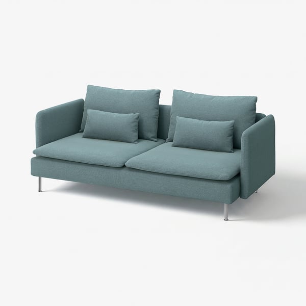 Turkusowa sofa SÖDERHAMN, nowoczesna, niskoprofilowa konstrukcja z głębokimi siedzeniami i zdejmowanymi poduszkami, podparta przez smukłe metalowe nogi.