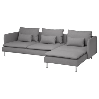 Szara, nowoczesna sofa segmentowa o eleganckim wyglądzie i metalowych nogach.