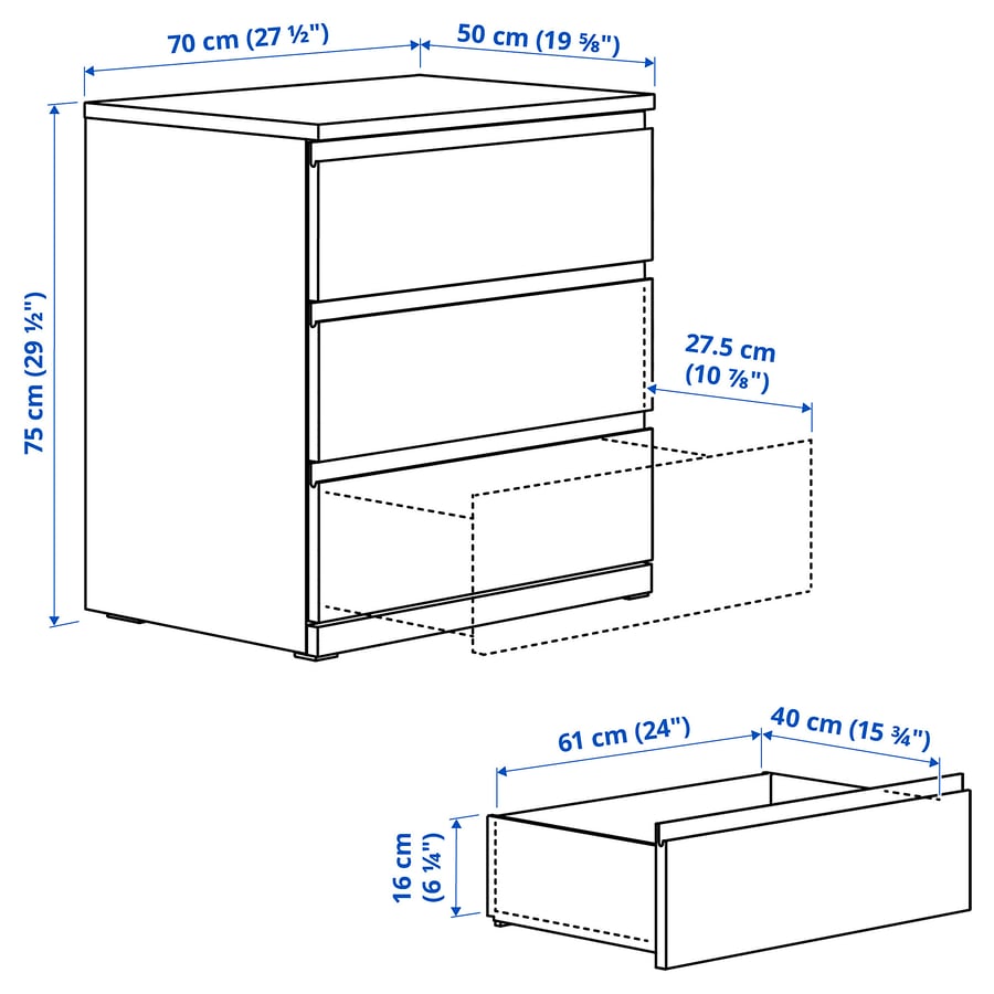 STORKLINTA kumode, 3 atvilktnes, ozola imitācija, 70x50x75 cm