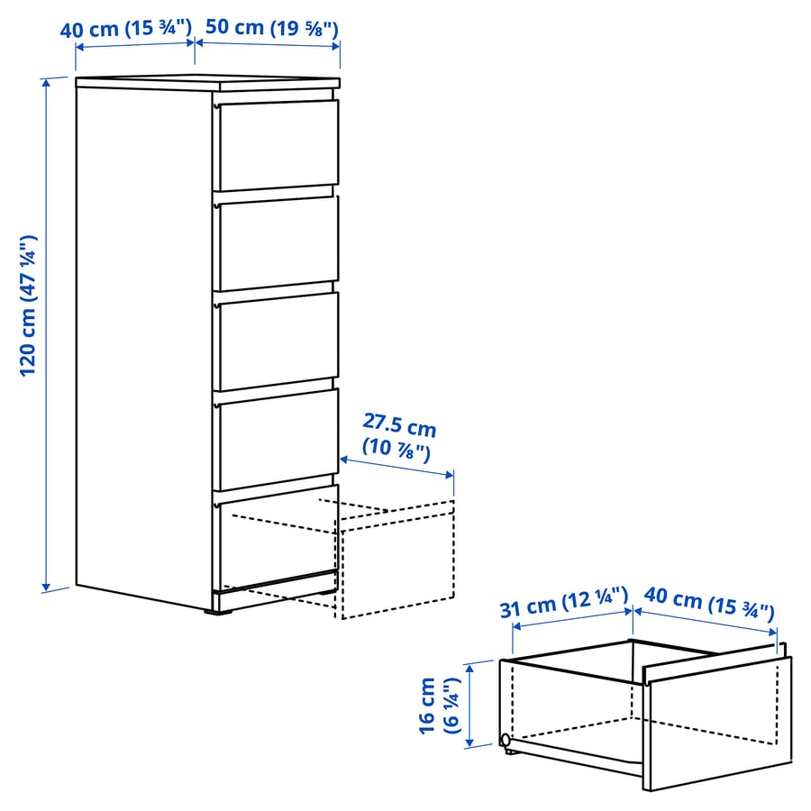 STORKLINTA kumode ar 5 atvilktnēm, baltā krāsā, 40x50x120 cm